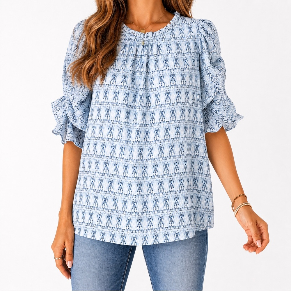Joie Boho Blouse Blue Print Ruffle Sleeve Cottagecore Top Size L